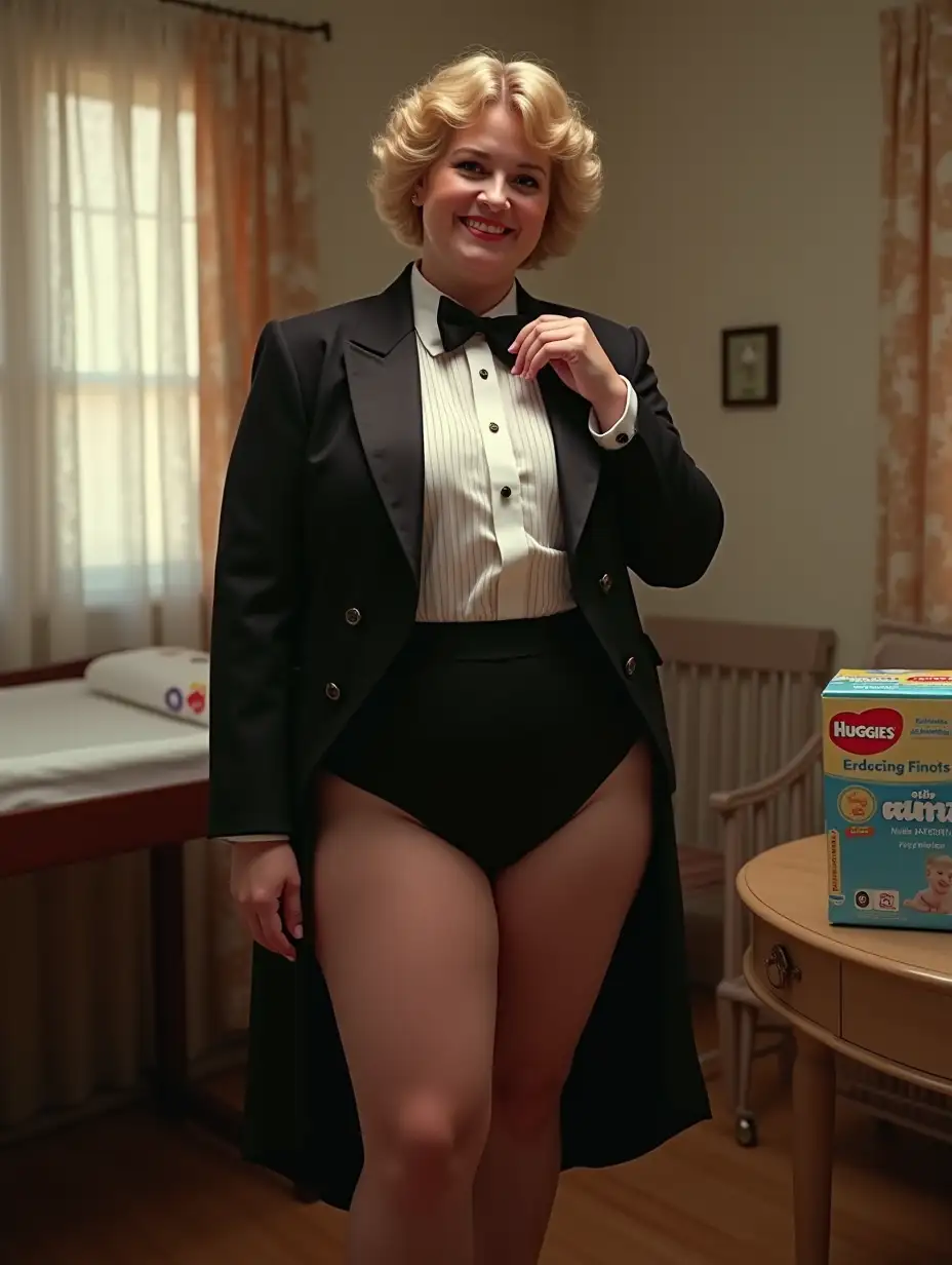 (photo realistic), sweet smiling middle-aged larger plump full-figured body type with large wide hips (Caucasian female woman), with short blonde curly 1980s hair with curly bangs, wearing a very formal orchestra concert tuxedo with black long sleeve high cut cropped Eton jacket, (white tuxedo shirt, with wingtip collar, and many thick vertical pleats front), (black diamond point bow tie with black adjustable neckband), black cummerbund, (black tight high cut brief), (fishnets)), high heels, (looking at viewer while tugging on bow tie), (standing next to a changing table in a nursery with a large box of Huggies diapers), (full body front view)