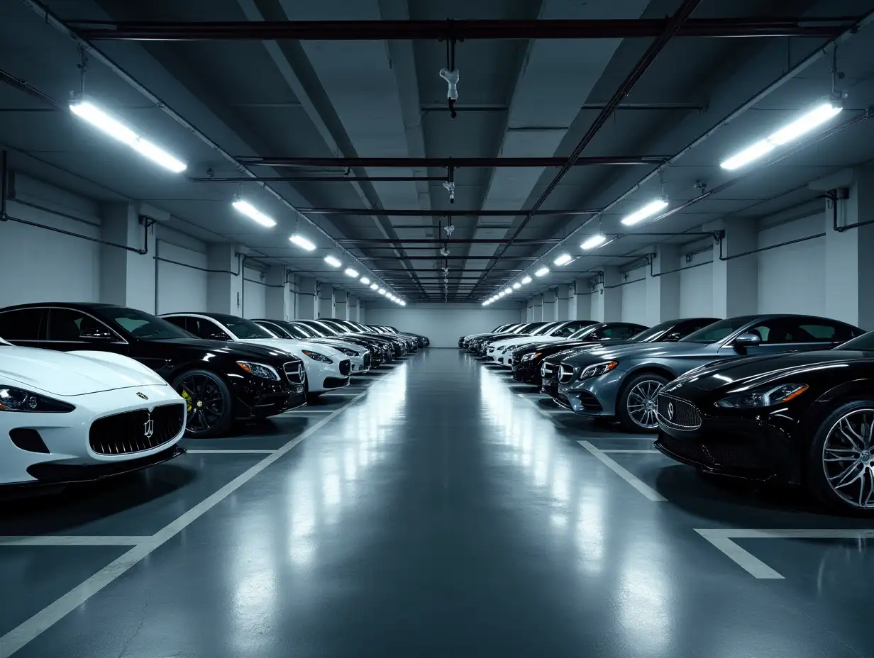 A luxurious underground parking garage filled with a line of ultra-high-end luxury cars. The environment is sleek and modern. Generative AI.