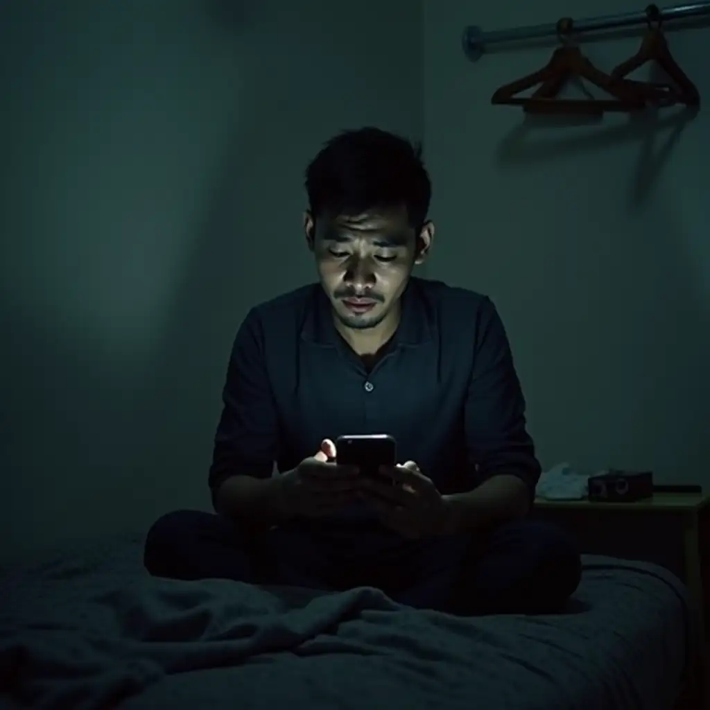 A man with indonesian face sitting on a bed in a simple bedroom, looking at a smartphone in his hands with a stressed and burdened expression. The lighting is dim, creating a gloomy and quiet atmosphere. The room has plain walls, minimal furniture like a small table or clothes hanger. His face looks weary, his body slightly hunched, and the entire scene reflects emotional pressure and mental burden, shot with low angle.