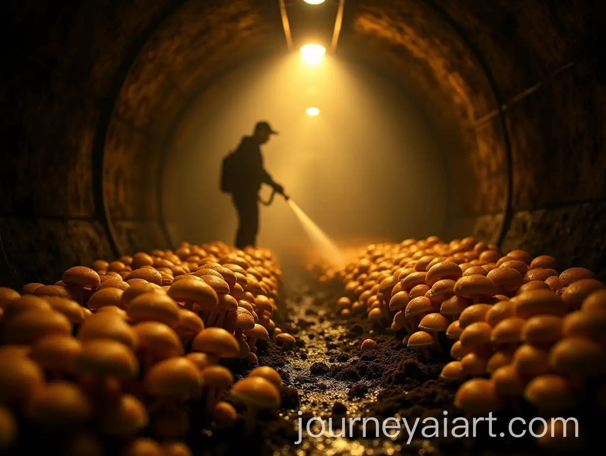 Farmers-Spraying-Water-on-Mushrooms-in-a-Dark-Tunnel-with-Yellow-Lighting