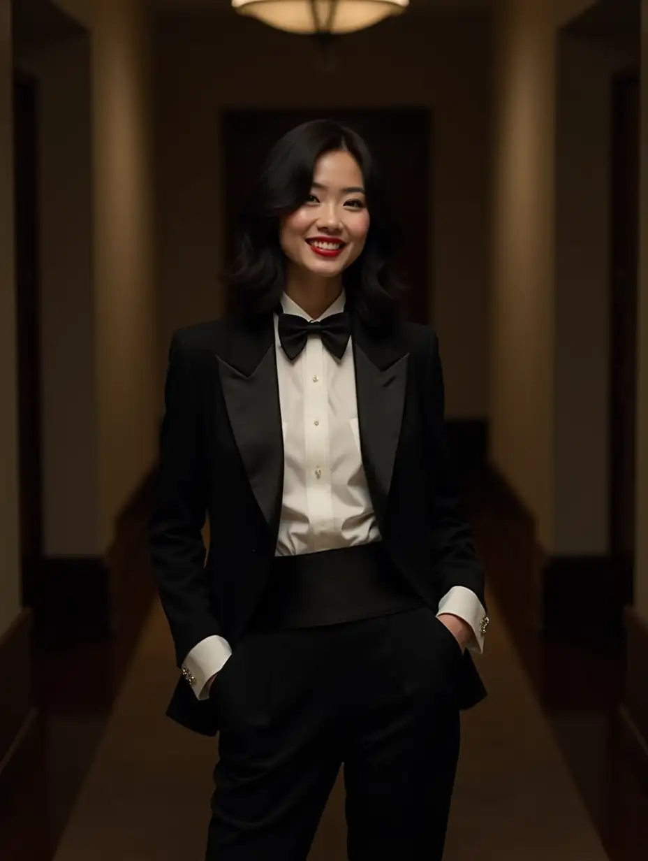 Elegant-Chinese-Woman-in-Formal-Tuxedo-in-Dimly-Lit-Hallway