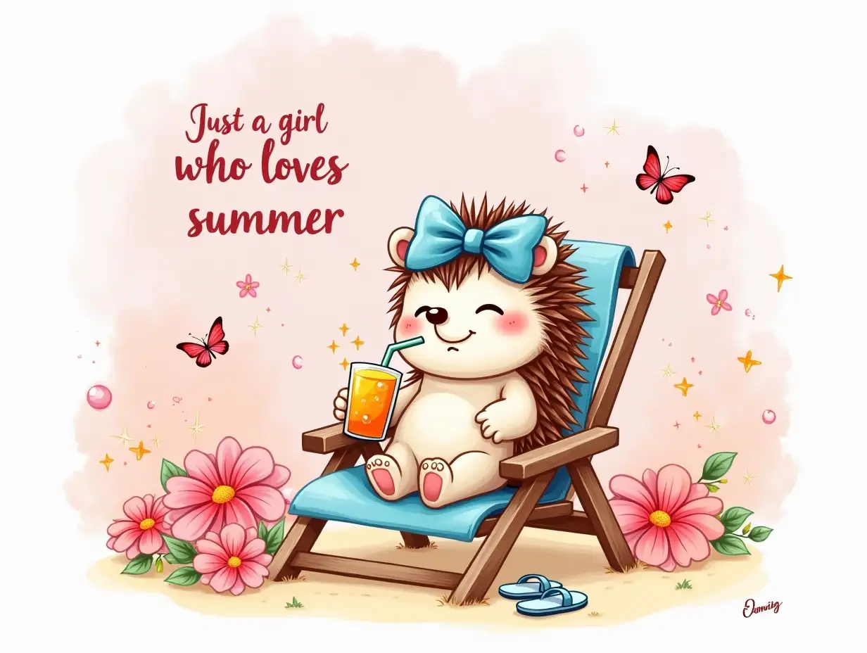 Watercolor art, vintage, vector, seamless. Cute cartoon hedgehog character relaxing on a beach chair, wearing a large blue bow and surrounded by vibrant flowers. The scene is set against a pastel pink background with shimmering sparkles, butterflies, and colorful bubbles. The hedgehog holds a fruity orange drink with a straw, while flip flops lay beside it. The quote 'Just a girl who loves summer' is playfully integrated into the design. The overall aesthetic is whimsical and cheerful, with bright, soft colors like pink, blue, and pastel tones, evoking a joyful summer vibe. Hyperrealistic details on the hedgehog’s fur and facial expression enhance the charm.