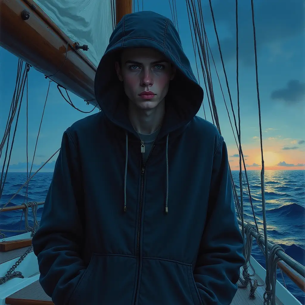 realistic, watercolor, acrylic, (a masterpiece of the highest quality),A model in a huge black hoodie on a sailing boat at night, with clear details, high quality, high detail, in the style of Michael Jarmusch, medium plan