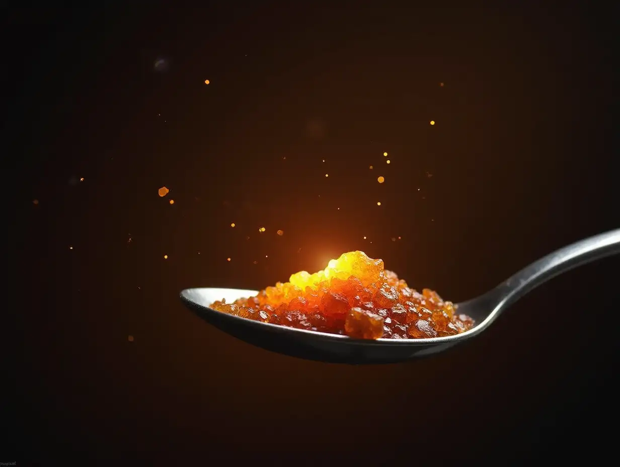 A teaspoon with glowing, dense material.