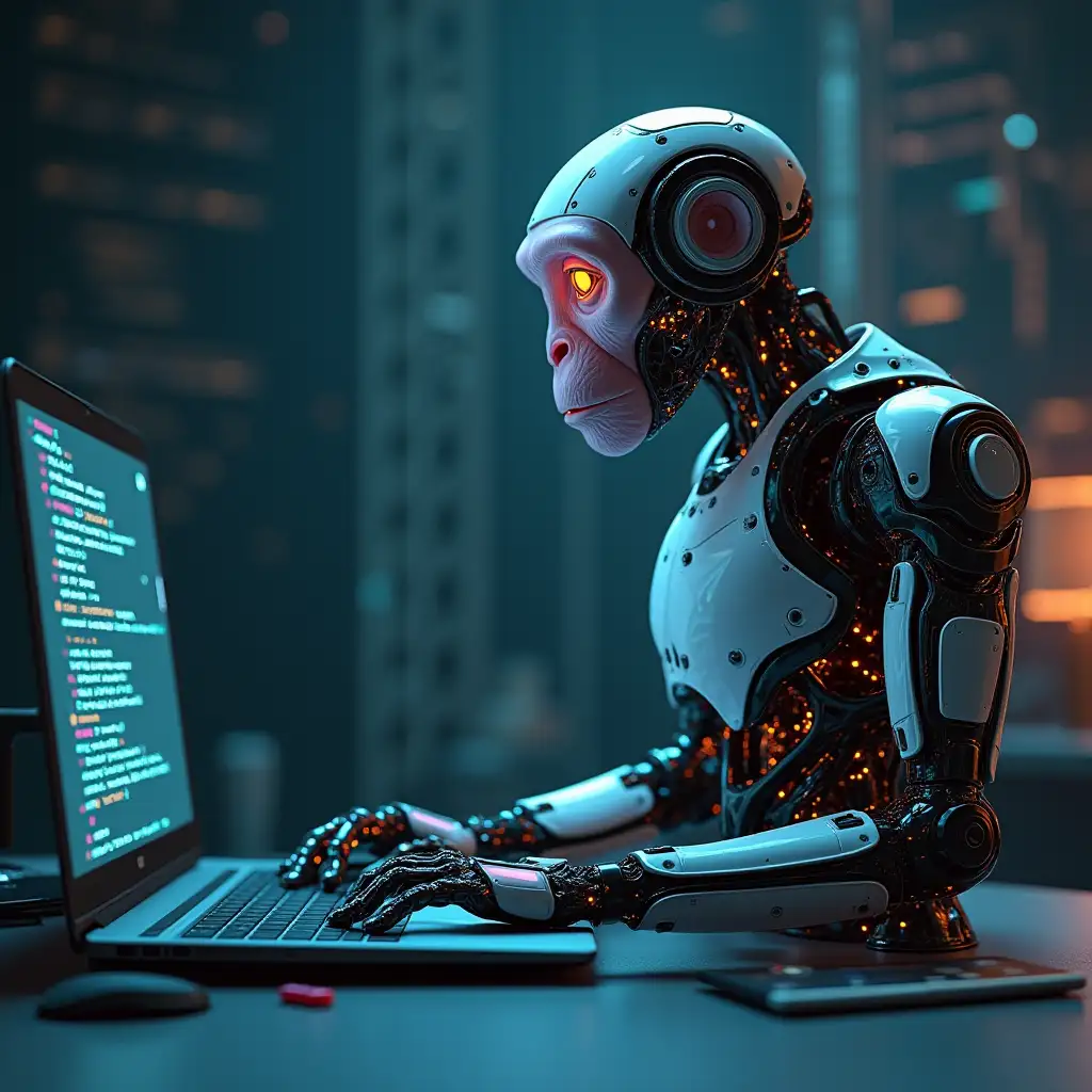 A morphing transition between a coding monkey into a robotic ai system. Realistic.