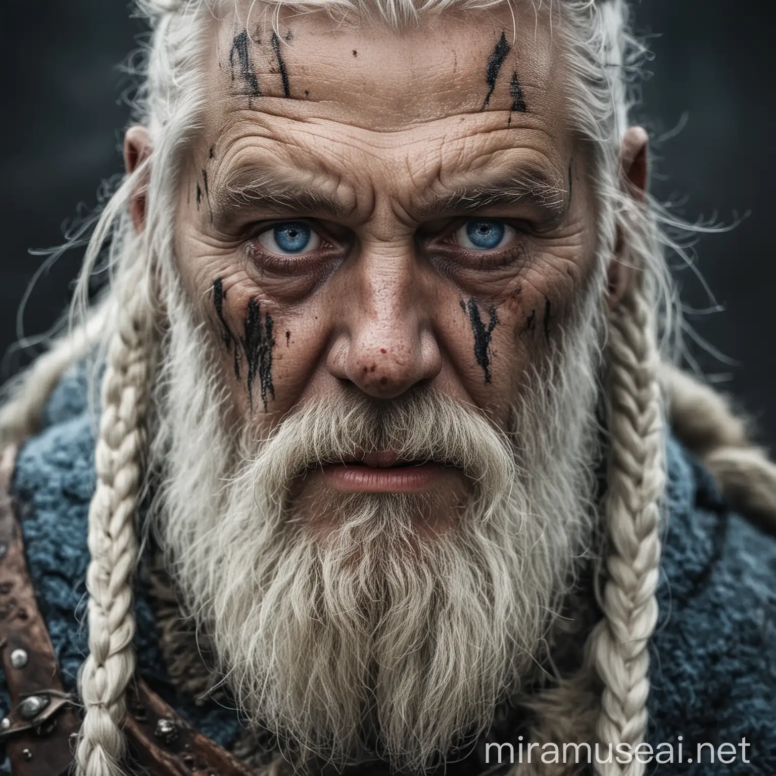 Elderly Viking Warrior with Intense Blue Eyes and Battle Wounds