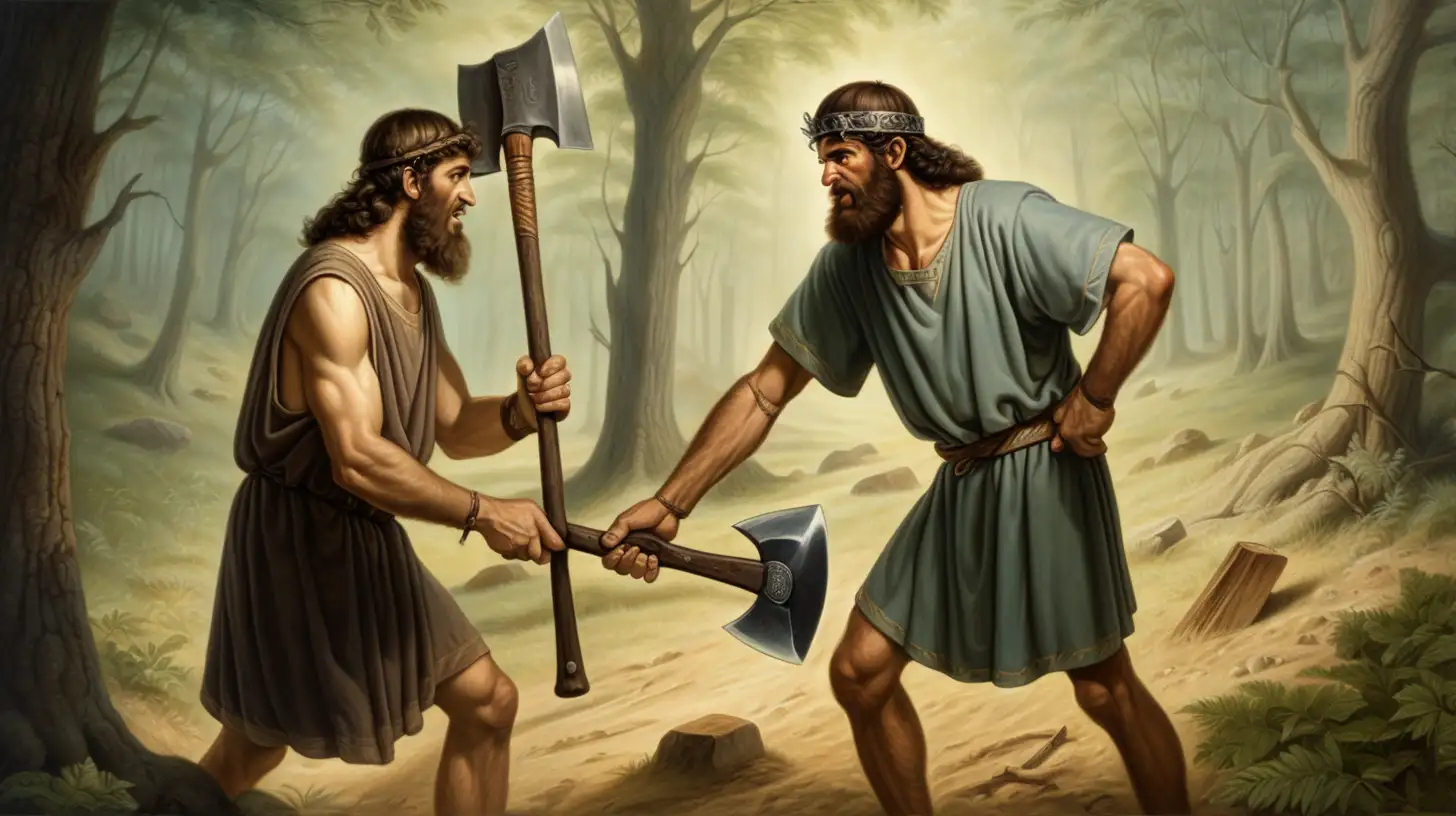 Hebrew Men Exchanging Axes in Ancient Forest Scene