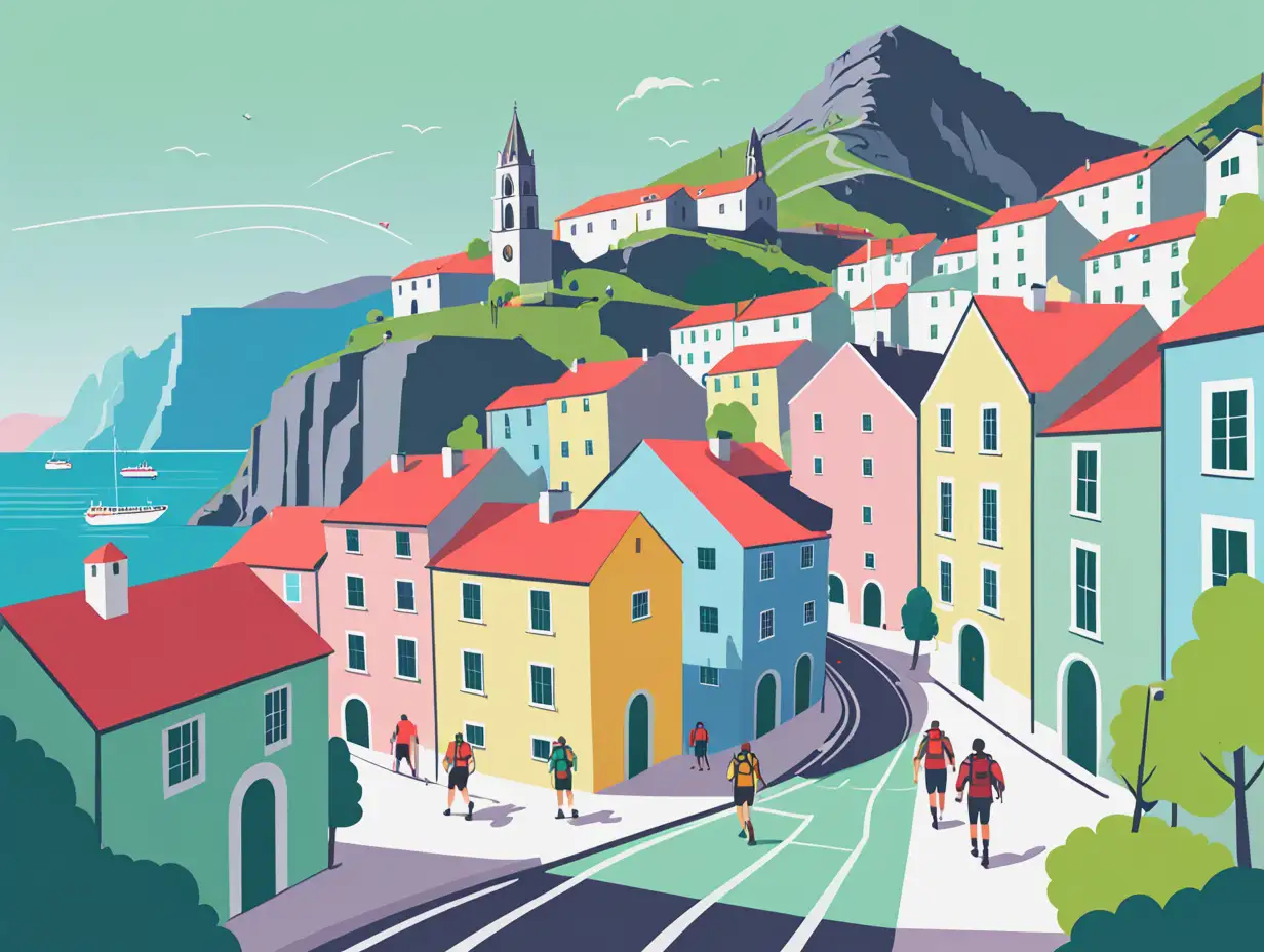 European-Cityscape-with-Sea-Activities-and-Mountain-Hikers-in-Pastel-Colors