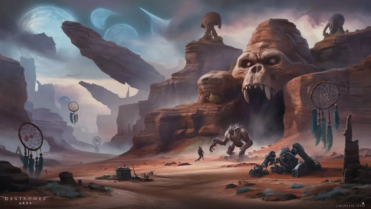 Stylized ARPG Video Game Cover Art Alien World Misty Desert Canyon with Gorilla Skull Rock and Ancient Alien Relics