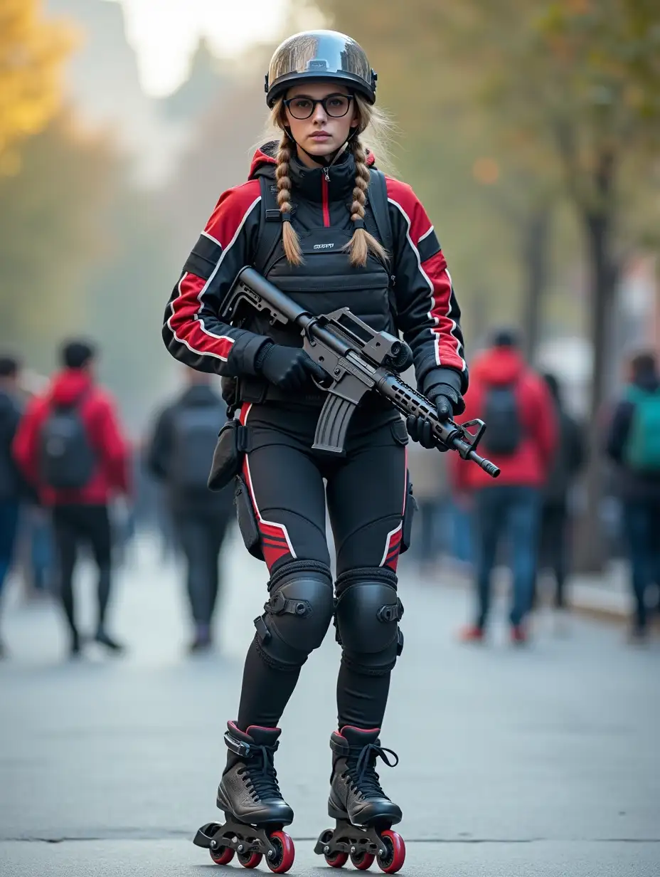 a 17 year old airsoft geared woman at a distance, she is skating on a street, holding a weapon, ordinary people in background, clothes have racing colors, she is wearing lots of functional sportswear, cycling gloves, airsoft helmet with transparent visor over eyes, smartwatch, thick plastic knee pads, modern inline skates with complete organized wheels