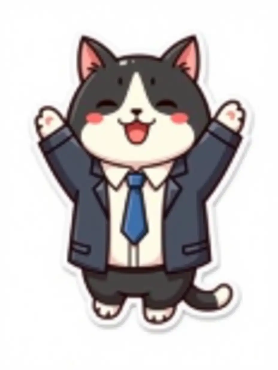 kawaii positive fluffy little black and white cat in office clothes. He throws his arms wide in a jump, cut sticker design  vector art,  white background, paint in anime style