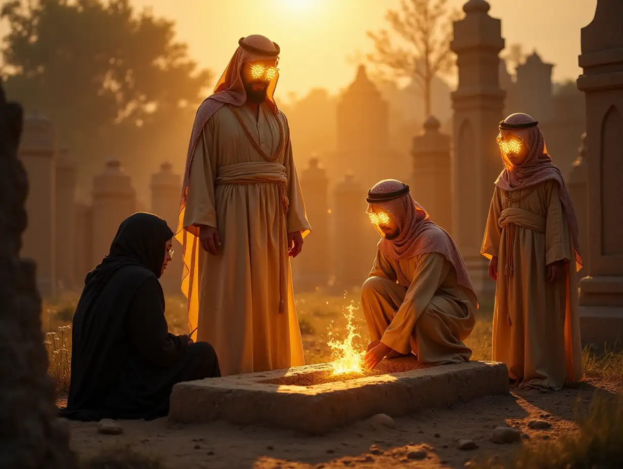 In an ancient and abandoned cemetery that resembles the historical cemetery of Beqi, in a quiet twilight with a soft golden glow, four bodies gather around a simple grave. These figures consist of a man, a woman and two young boys who are all dressed in traditional Arabic clothes and have a strong and dignified presence. The man stands tall with a commanding aura, his clothes flowing gently. Two young boys stand near him, mirroring his position.nnMost importantly, the faces of all four figures are not visible, but are completely filled with brilliant and divine light. The light is so intense that it completely obscures their facial features, creating a luminous, ethereal presence that symbolizes their spiritual significance.nnA woman wearing a black veil is sitting next to the grave, leaning forward and placing her hands on the ground. His face, like the others, is filled with the same radiant light, which makes his expression invisible, but clearly conveys deep sorrow and mourning through his expression. He appears to be crying and his body language suggests deep sorrow, even though his face is bathed in light.nnThe scene is enveloped in a sense of reverence and spirituality, surrounded by their old and worn gravestones. The illuminated faces of the figures dominate the scene, highlighting the divine nature of this moment as they mourn at the grave, symbolizing the burial of the Prophet by his closest family members.n