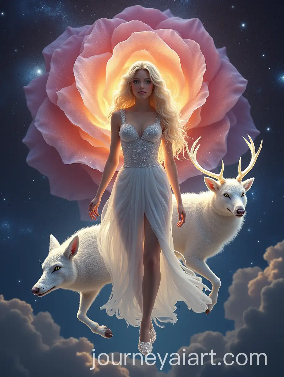 Surreal-Cosmic-Scene-with-Glowing-Woman-Crystalline-Boar-and-Lunar-WolfDeer-in-Space
