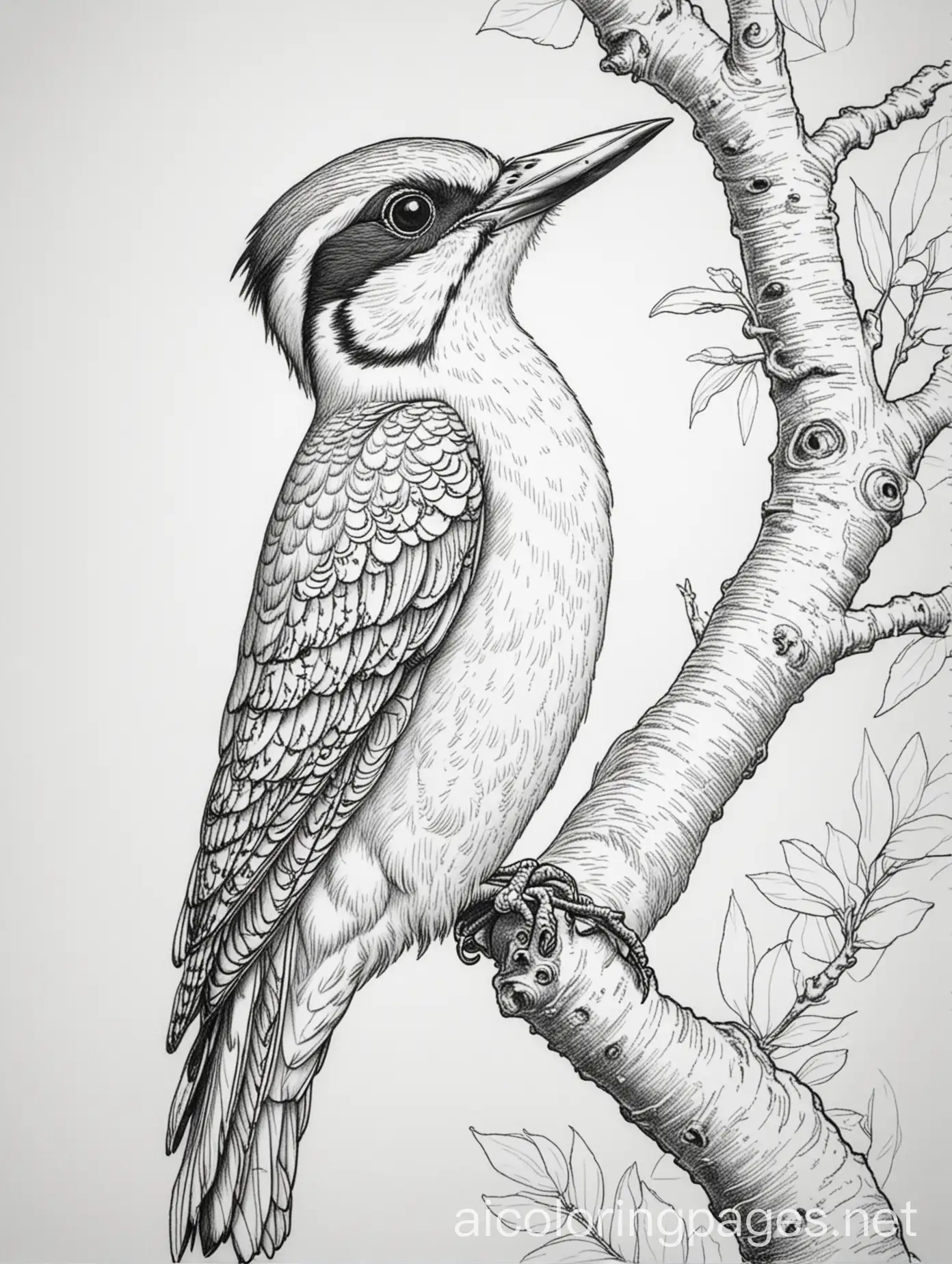 Woodpecker-Line-Art-on-Branch-Black-and-White-Coloring-Page