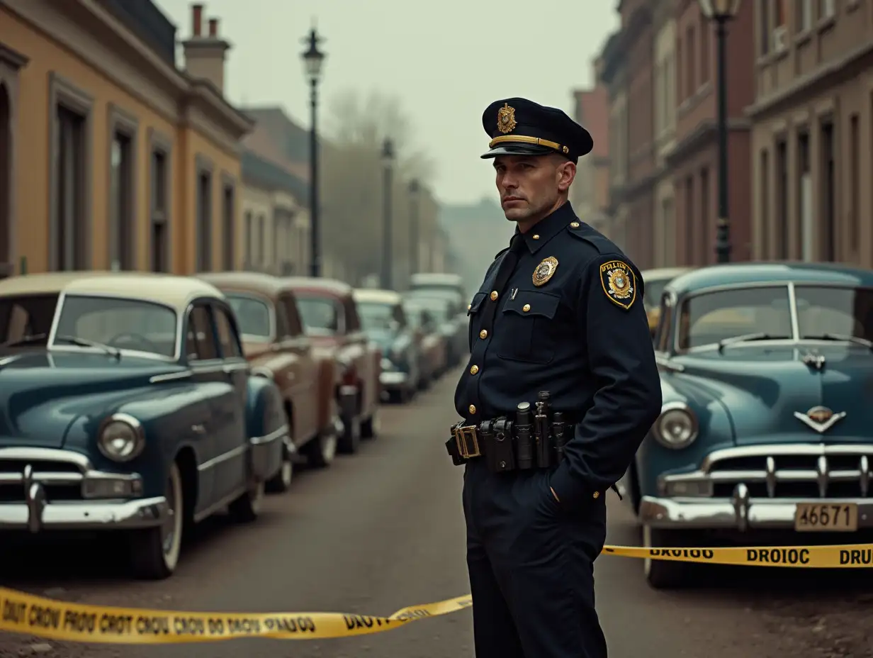 A police officer stands beside classic cars in a historical setting marked with period police tape, capturing a moment from a bygone era filled with intrigue