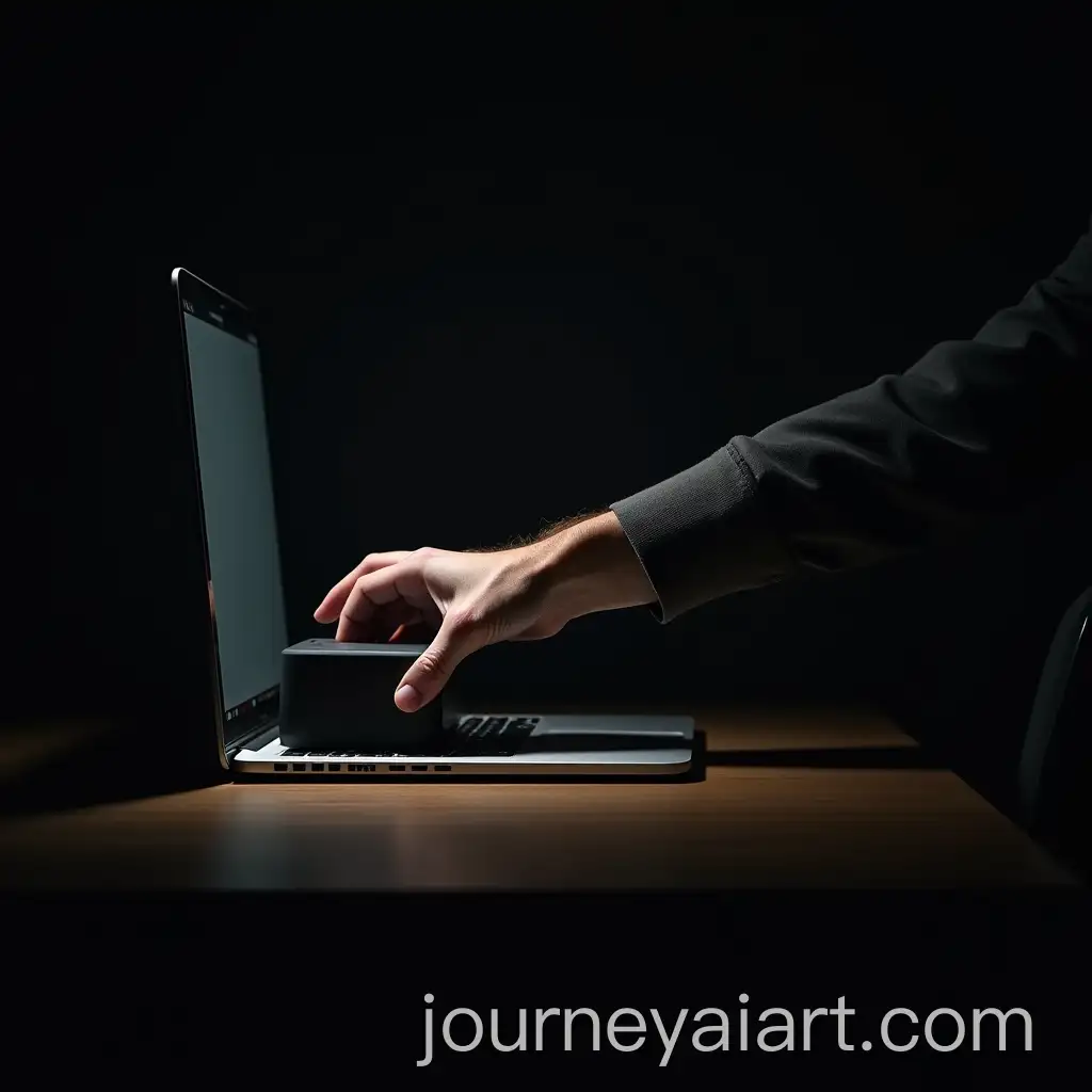 Hand-Reaching-from-Laptop-Screen-Grabbing-Black-Box-on-Cluttered-Desk