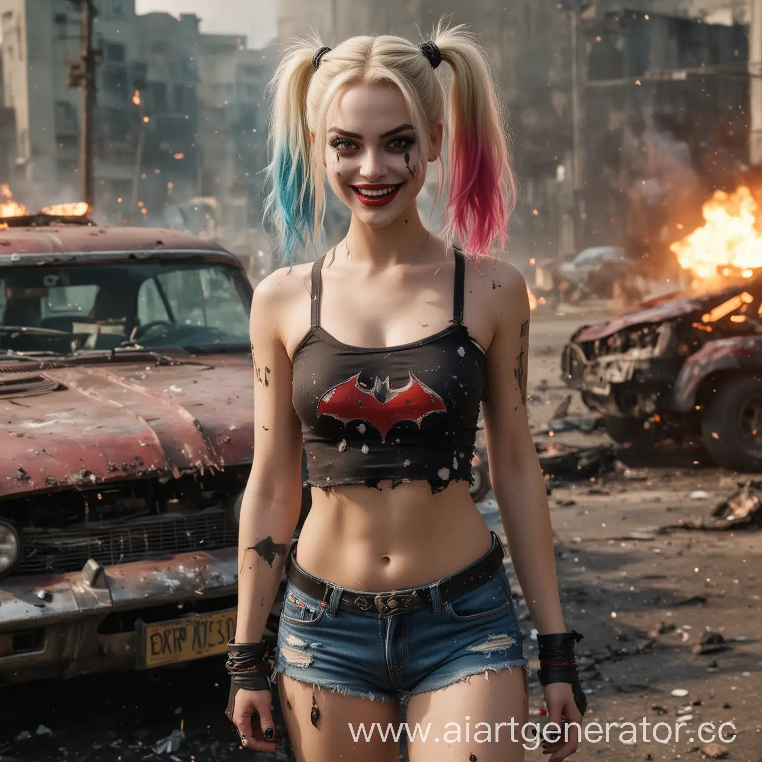 Harley-Quinn-Smiling-in-Athletic-Outfit-with-Explosion-Behind-Batmans-Car