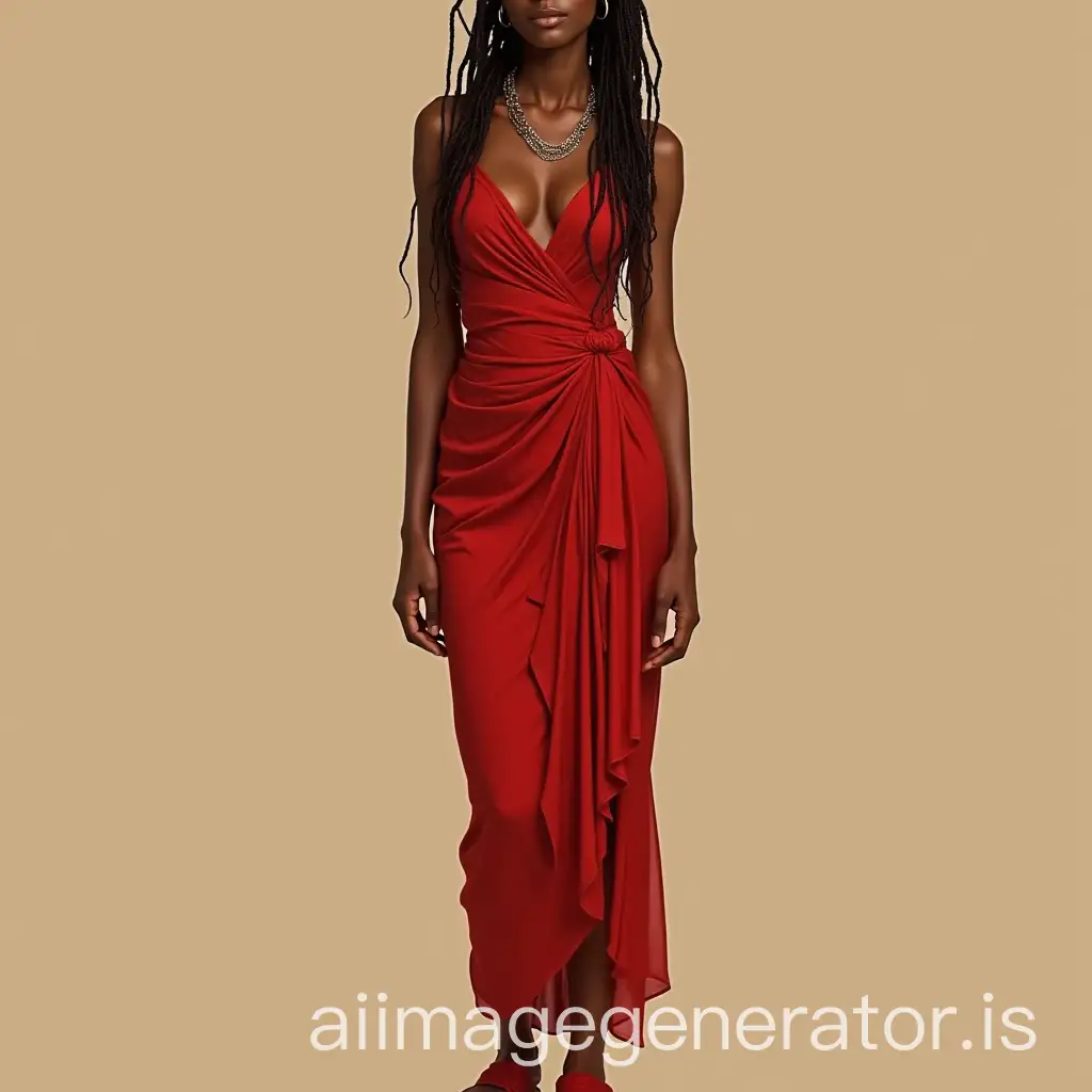 Portrait-of-a-Stylish-Black-Woman-in-Red-Capulana-and-Sandals