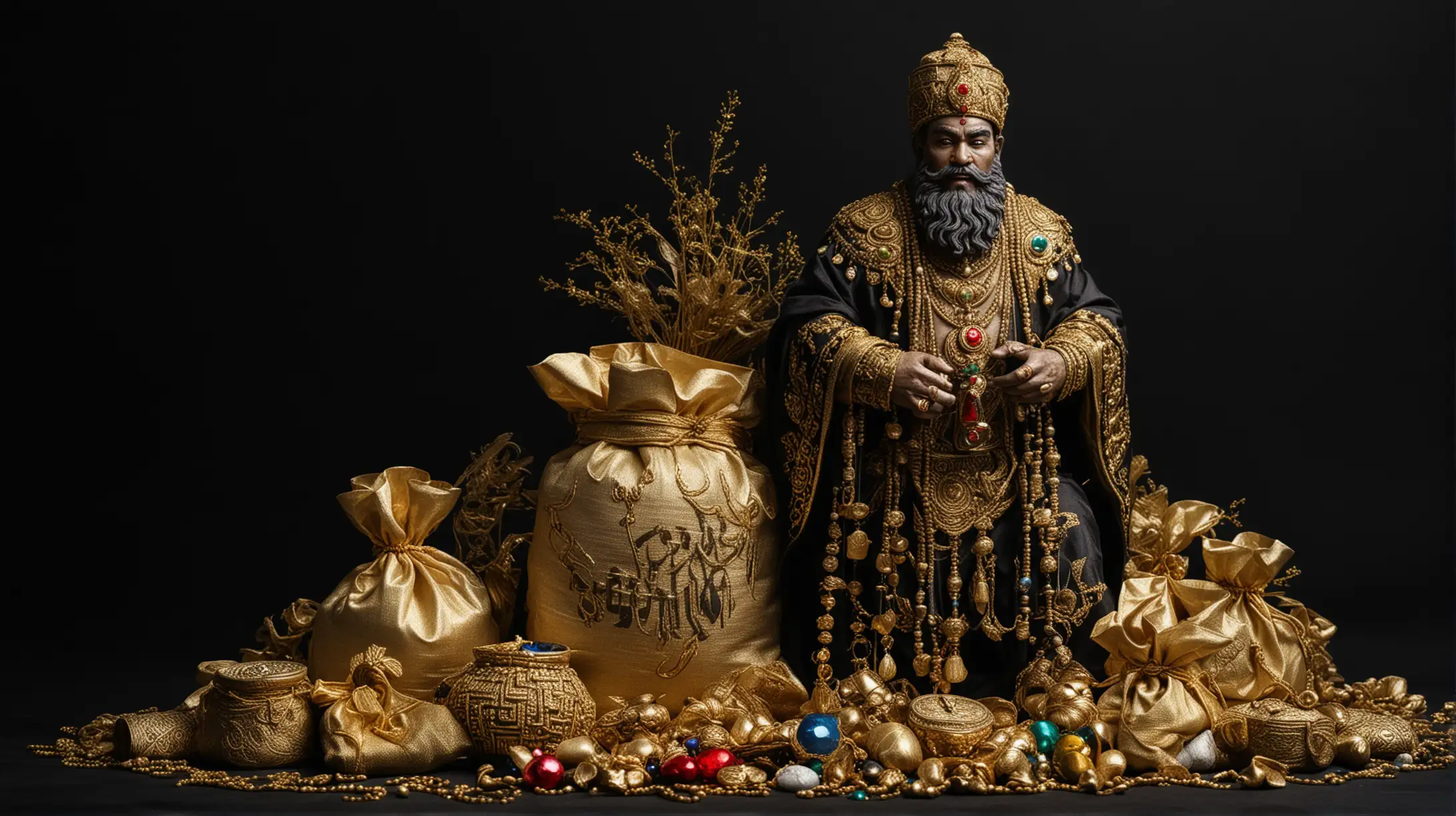 God of Wealth Surrounded by Gold and Jewels on Black Background