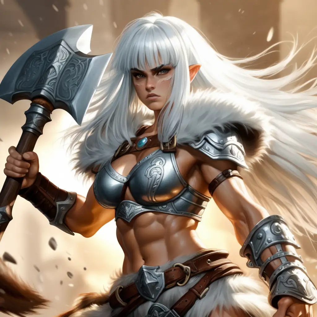 Female axe fightin barbarian white hair fur armor and fur cape mystical light like drawn in action big muscles