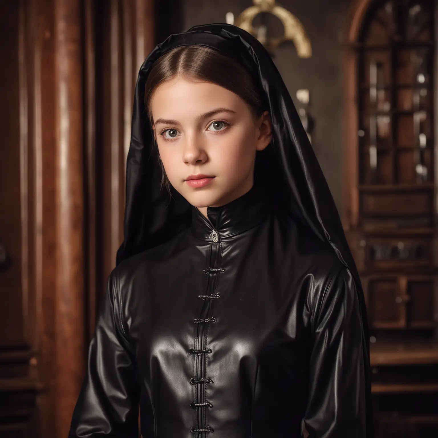 a beautiful young aristocratic tween brat, Samantha Wilson of Genshin Impact, in a leather Fifni nun parlour