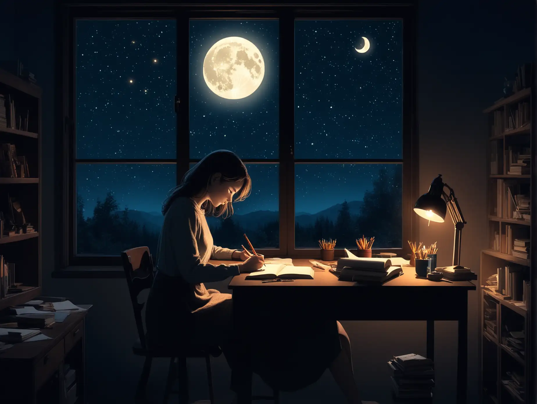 Cozy-Nighttime-Writing-Scene-with-Woman-at-Desk-and-Starlit-Sky