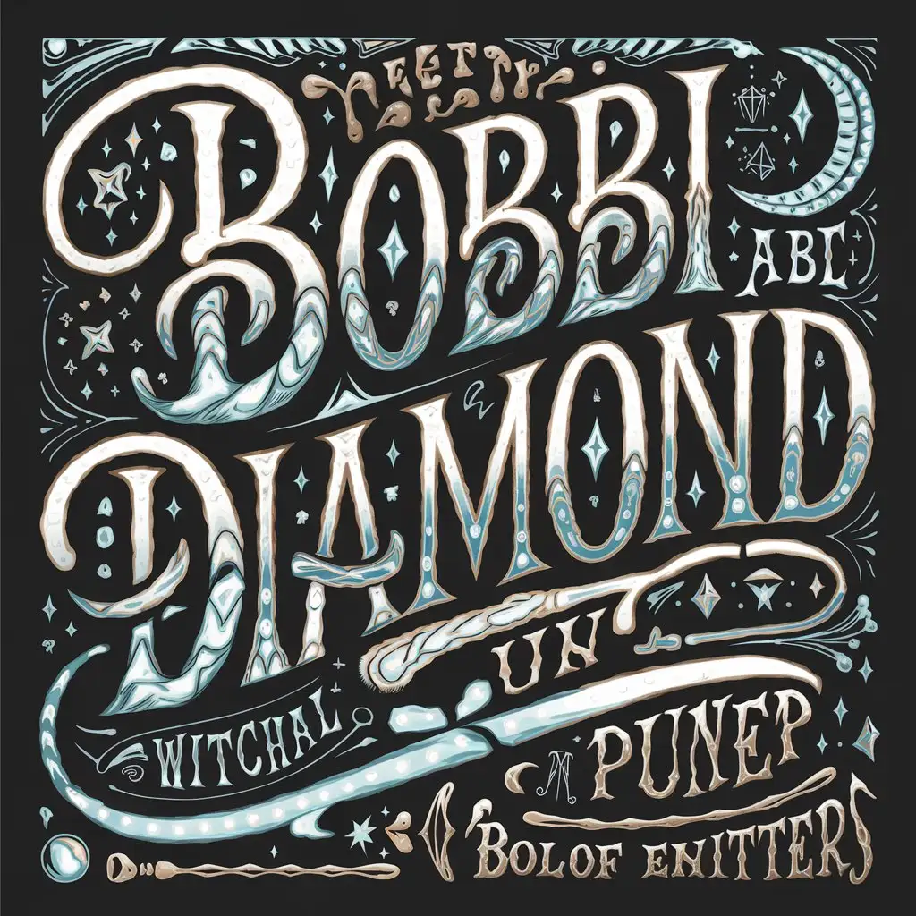 create a whimsical logo for Bobbi Diamond, typography, detailed, intricate, unique, Lettering, hand draw script font, witchy vibes