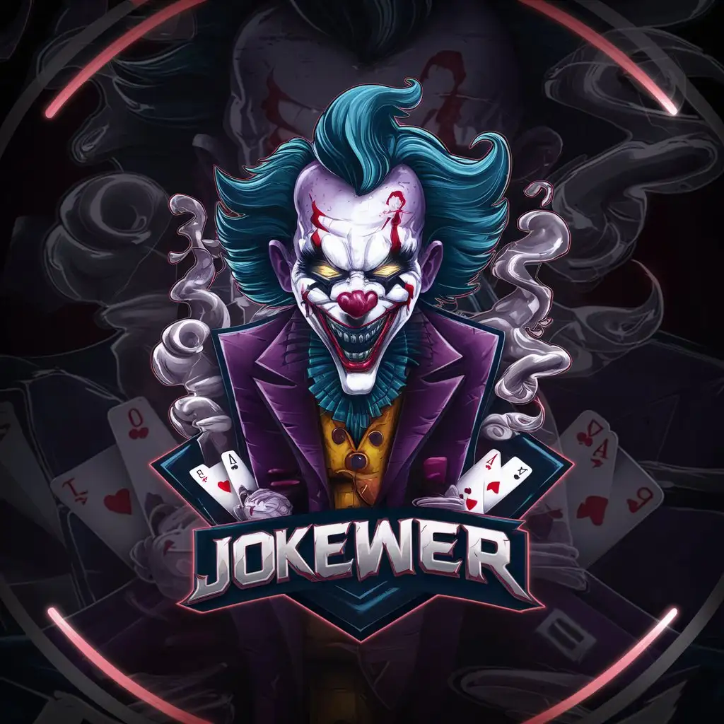 LOGO Design for JOKER Dark Sinister Gaming Logo with Glowing Eyes and Menacing Clown Theme