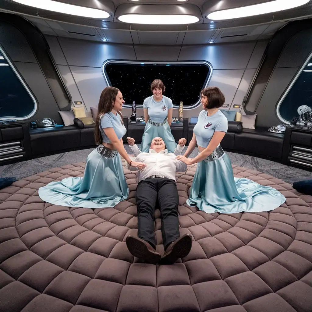 A view from the ceiling. A very large lounge room on a luxury spaceship. In the centre is a really huge futuristic padded carpet. A hysterically laughing man is lying on his back on massive circular  carpet on a luxury spaceship with stars outside the window. His legs are not visible to the camera his arms are outstretched. A beautiful woman is kneeling on his right arm. she is wearing light blue tee shirts with  badge, wide silver belts, a very long light blue satin circle skirt. . she is wearing futurisitic spectacles. Her long satin  skirt is spread out in  a circle, which cover the mans right  arm. Another  beautiful woman is kneeling on his left arm. she is wearing light blue tee shirt with  badge, wide silver belts, a very long light blue satin circle skirt. . she is wearing futurisitic spectacles. Her long satin  skirt is spread out in  a circle, which cover the mans left   arm.  A beautiful woman with short hair is kneeling on the mans chest. Her back is to the camera. . She is wearing a light blue tee shirt with a badge, wide silver belt, a very long light blue satin circle skirt. Her skirt is spread around her in a circle. 