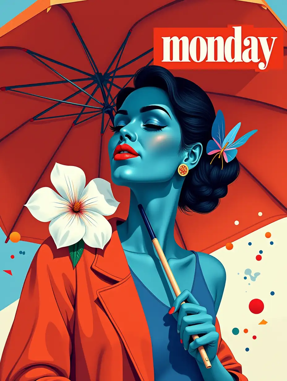 Dynamic Art Piece | Stylized woman's portrait full length with umbrella with lively geometric background shapes and lines | Active layout | Face in vivid blue and red shades; High contrast; Lustrous highlights | Flawless complexion; Red lips; Self-assured expression | Large white flower beside head; Colorful butterfly near shoulder | 'monday' in bold, white, sans-serif font on red rectangle (upper right corner) | Contemporary and visually striking composition --style raw --stylize 75 --v 6.1 --ar 5:7