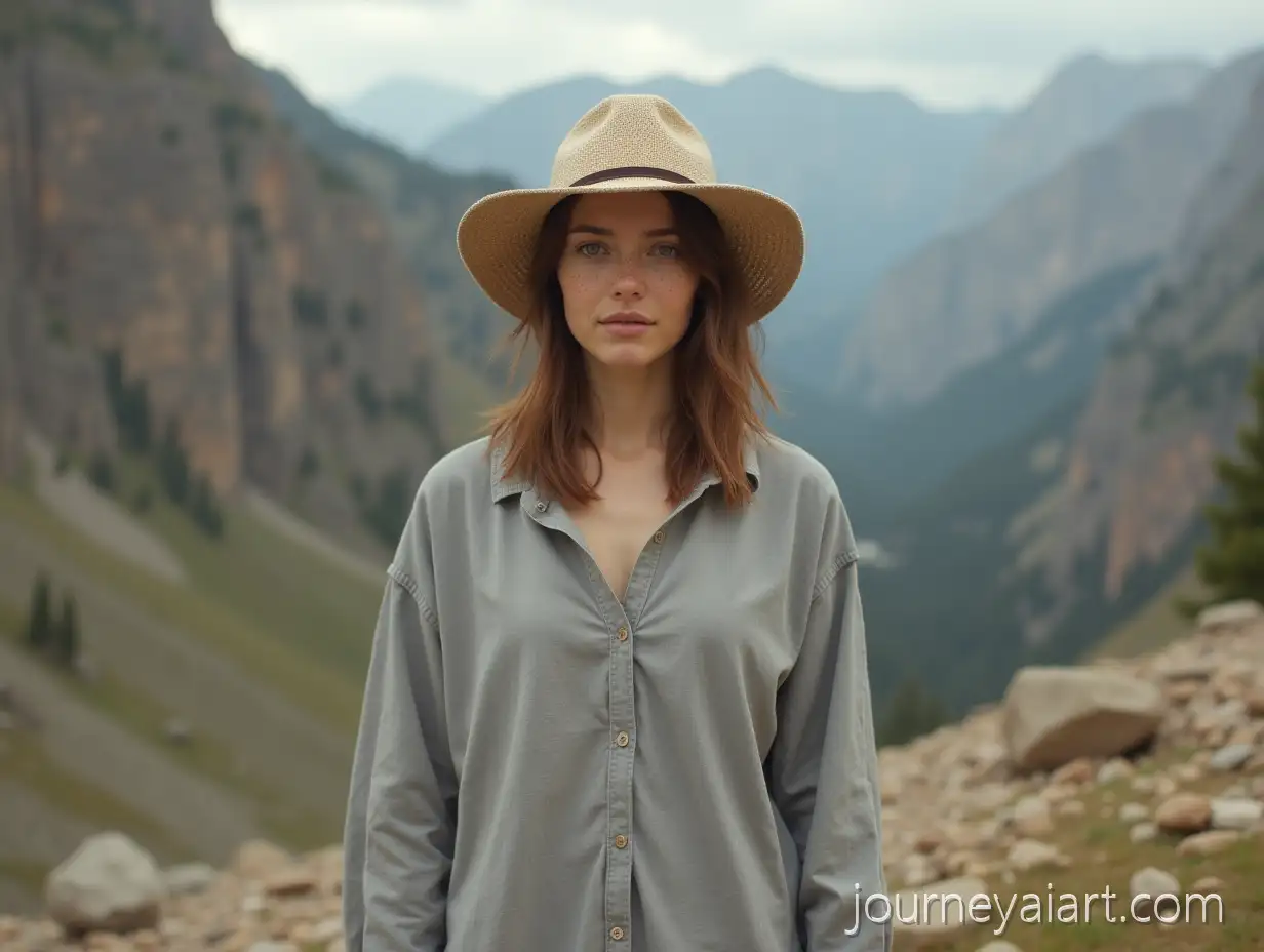 Young-Woman-in-Linen-ShirtWoman-in-Linen-Shirt-Standing-in-Rocky-Mountains-with-Soft-Natural-Light