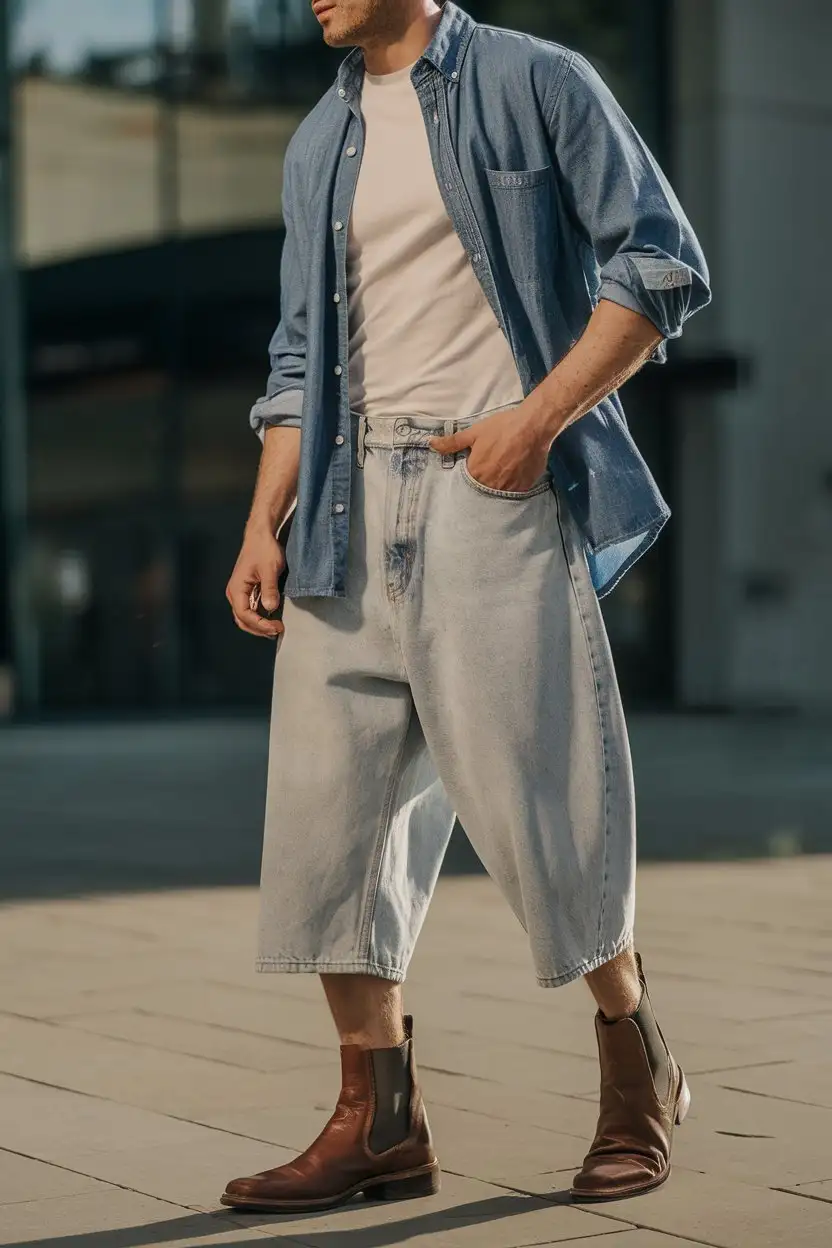 A stylish outdoor shot of a person (male, early 30s) standing in a sunny urban setting. They are wearing light wash baggy denim jorts and a slightly darker wash denim button-down shirt left open over a plain white t-shirt. They are also wearing brown leather boots. The background should be a slightly blurred cityscape. The lighting should be natural and warm, highlighting the different denim washes and the overall casual yet stylish look. Focus on the contrast between the different shades of denim.