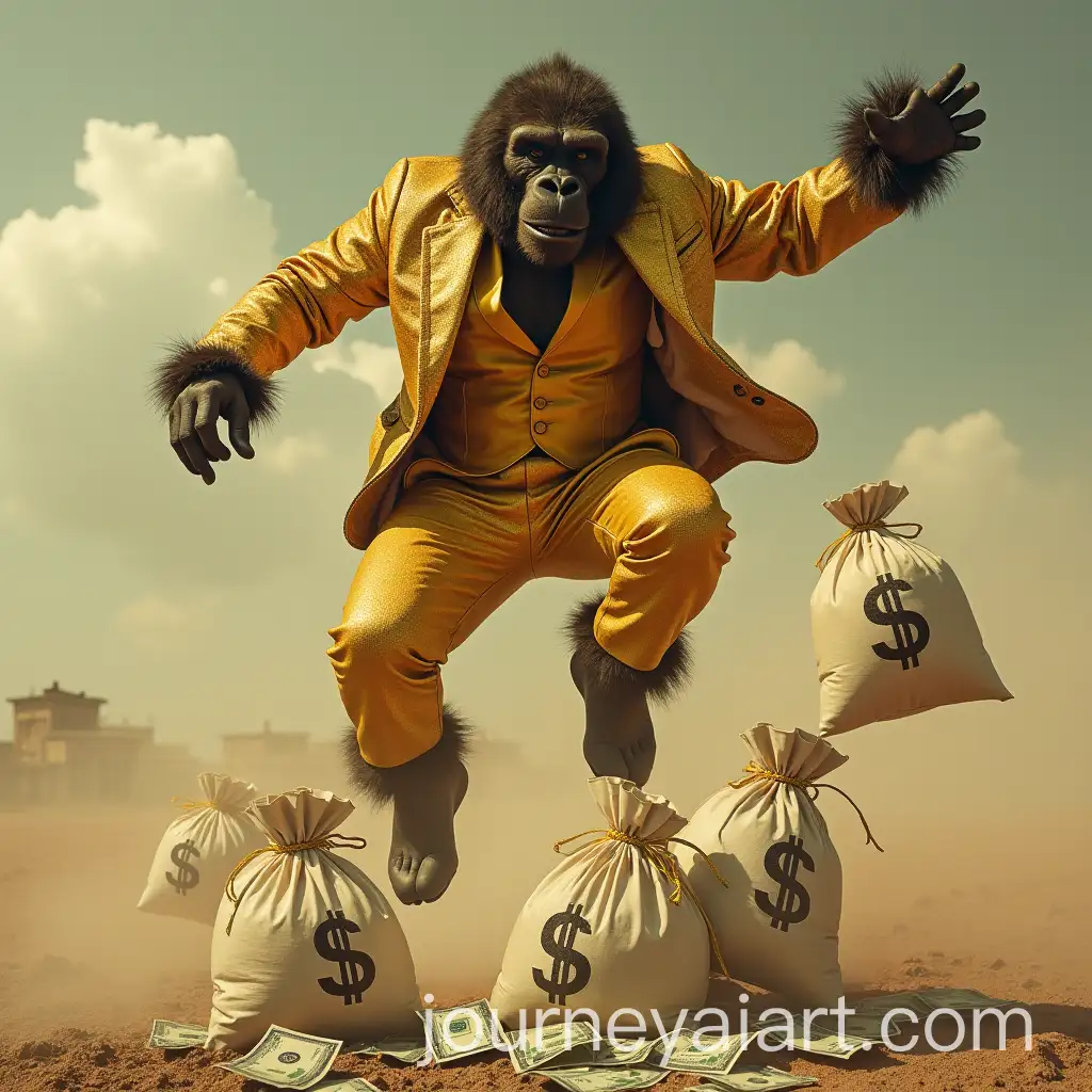 Gorilla-in-Gold-Suit-Jumping-on-Bags-of-Money
