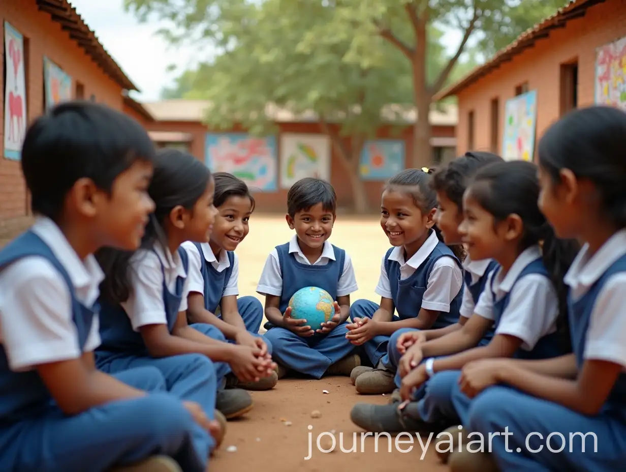 Diverse-School-Children-EngAI-Art-Prompt-Expansionaged-in-Learning-Outdoors-with-Globe-and-Books