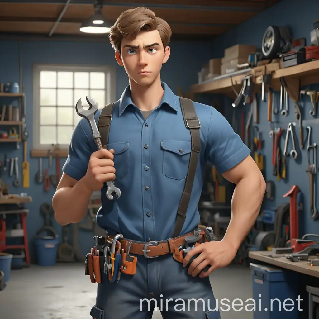 Young Man in Blue Shirt Holding Wrench in Garage