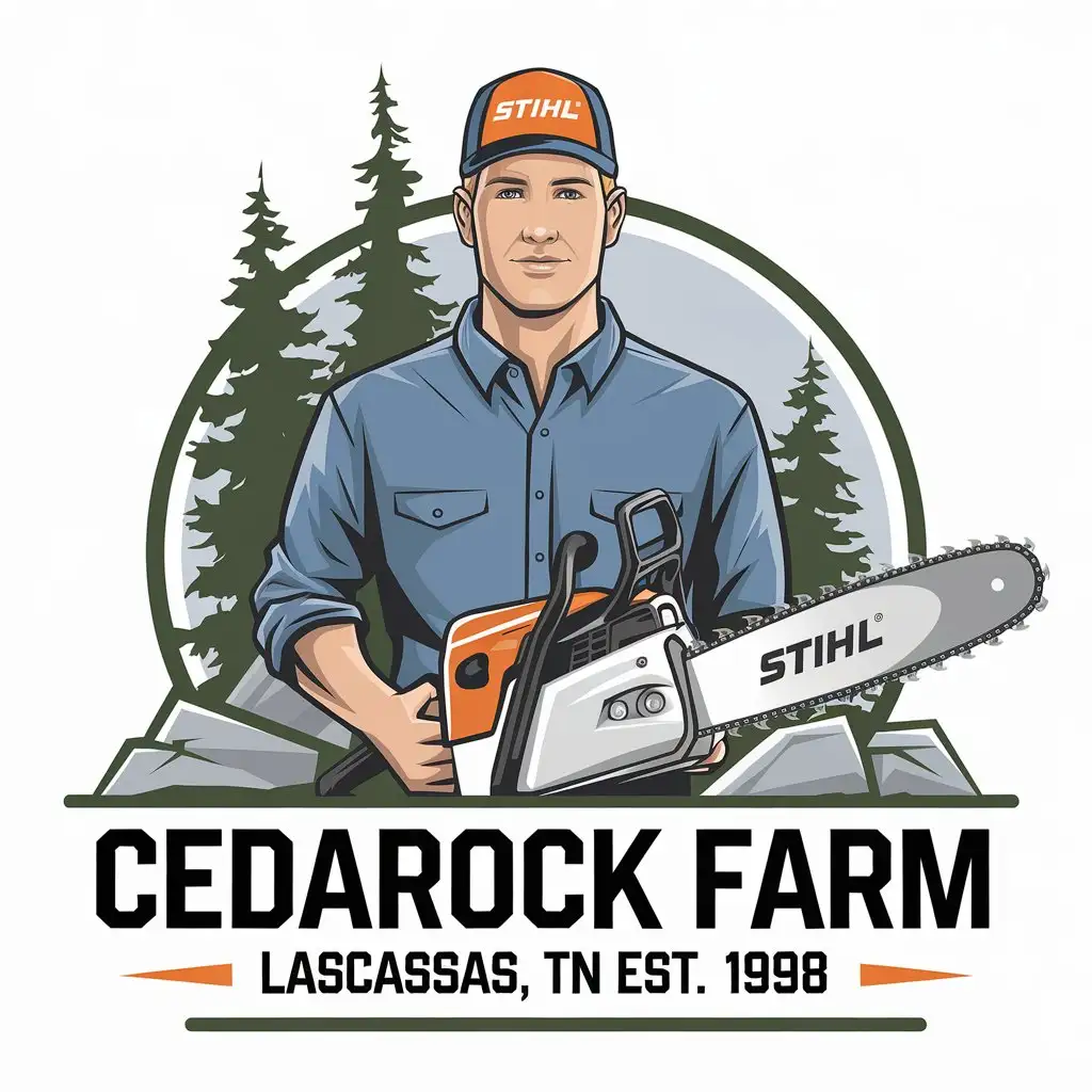 LOGO Design for CedarocK Farm Lascassas TN CleanCut Guy with Chainsaw and Cedar Trees Theme