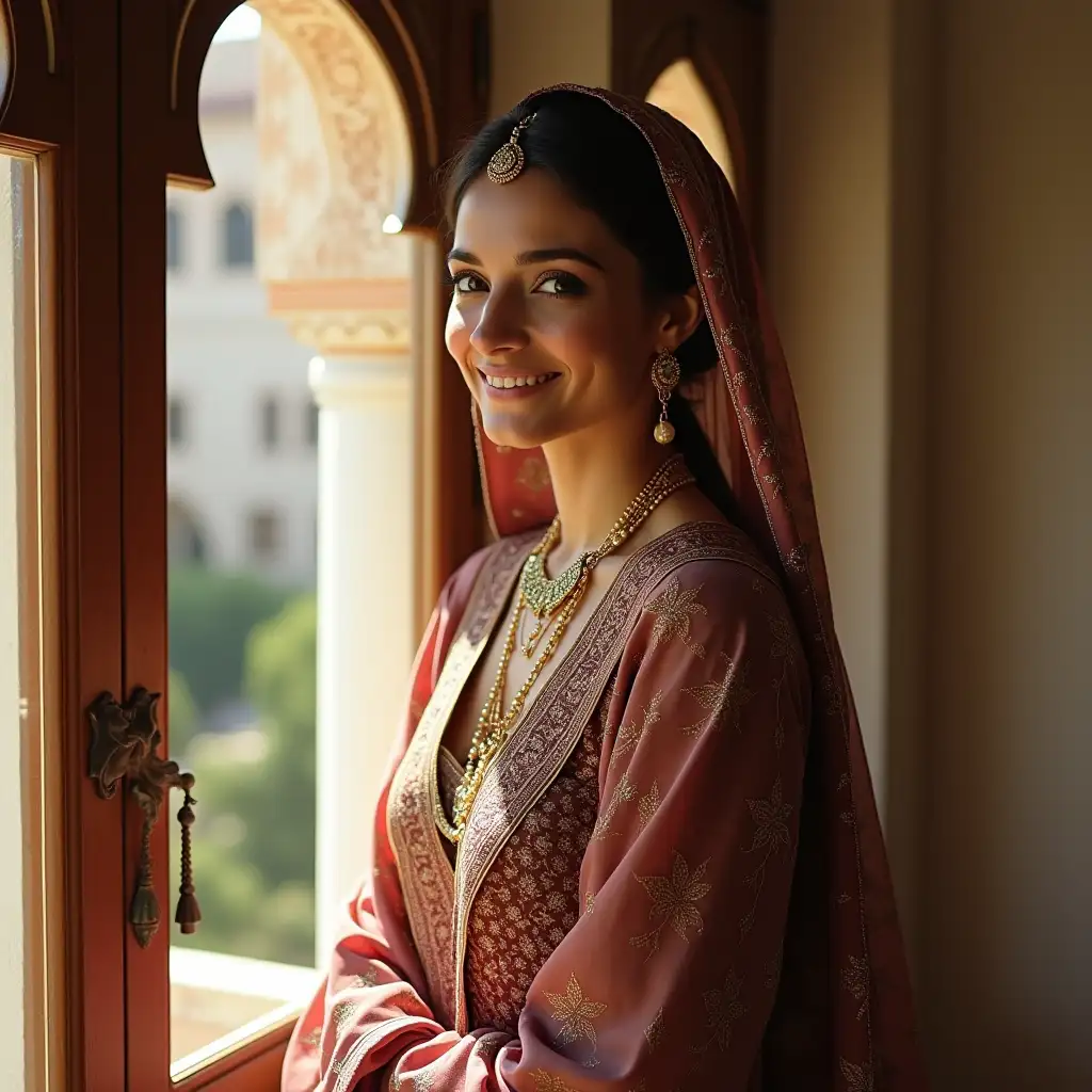 Beautiful-Arabic-Woman-in-Traditional-Clothing-and-Jewelry-Standing-by-Window-in-Bright-Arabic-House
