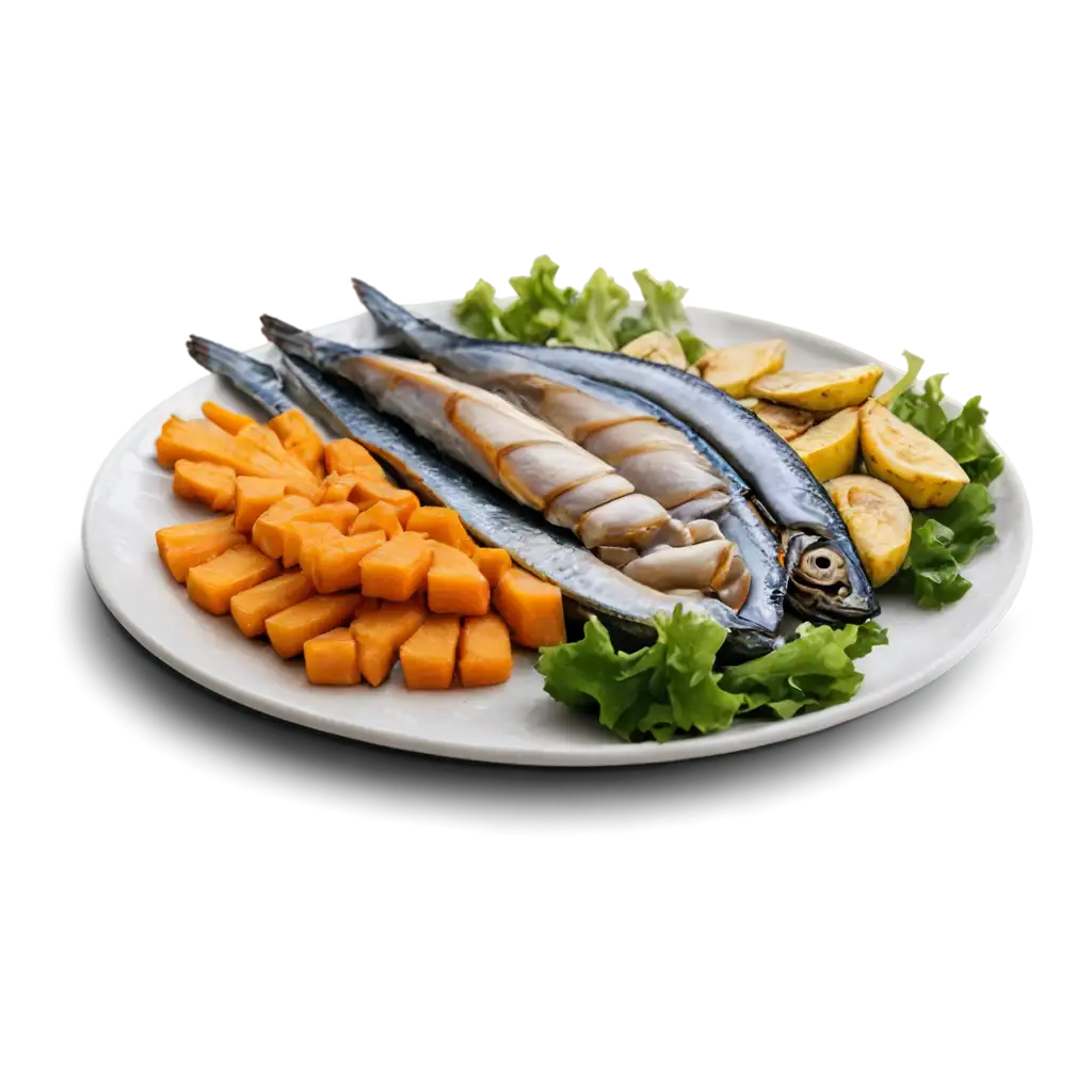 PNG-Image-of-Dish-with-Grilled-Mackerel-Scad-Banana-Boiled-Palm-Oil-Beans-Sweet-Potato-and-Chopped-Salad