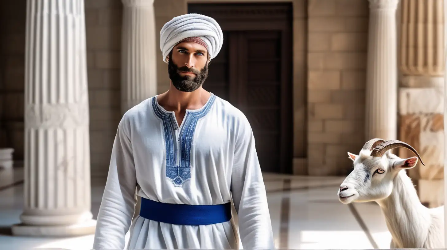 Handsome Hebrew Man in Biblical Era Temple with Goat