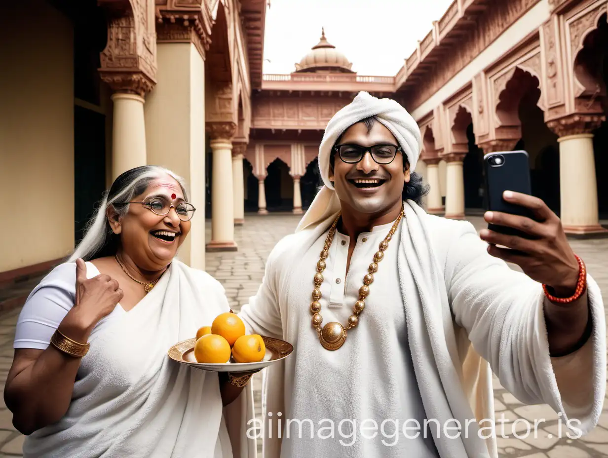 Indian-Man-and-Woman-in-Palace-Courtyard-Taking-Selfie-with-iPhone-Surrounded-by-Dog-and-Tea-Set