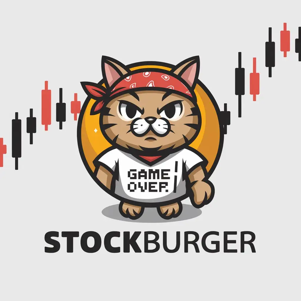 LOGO Design for StockBurger Cat with Red Bandana Game Over TShirt Trading Candles Growth Symbol