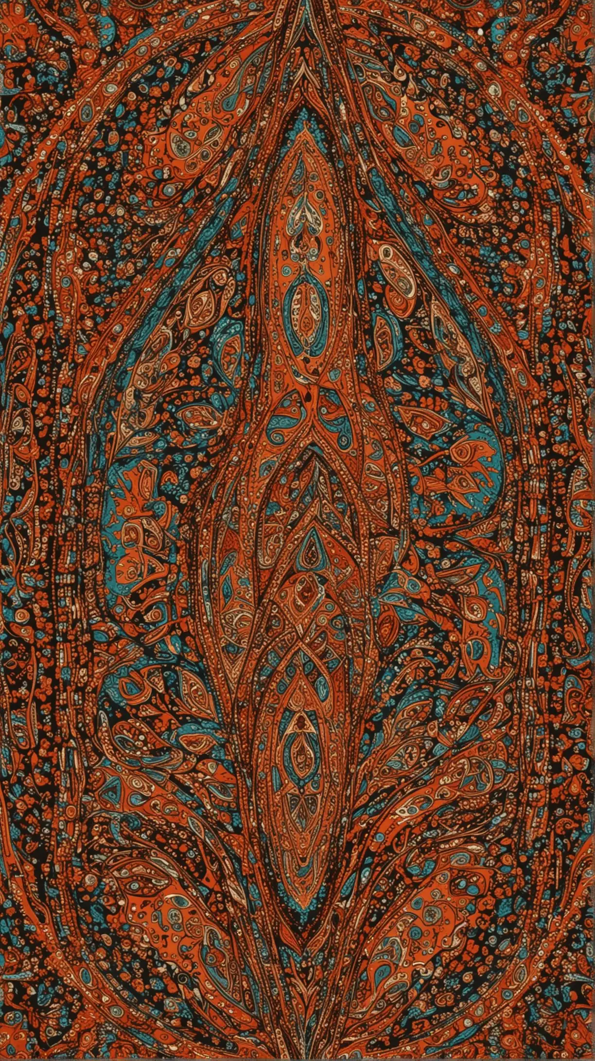 Symmetrical paisley pattern Reminiscent of a rorschach And mandala In southwest colors In an upside down triangle shape