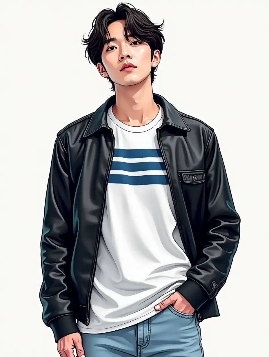 a guy of Korean appearance similar to Kim Taehyung from BTS, wearing a white t-shirt with horizontal blue stripes, and on top a black leather jacket, and also light jeans, in comic style