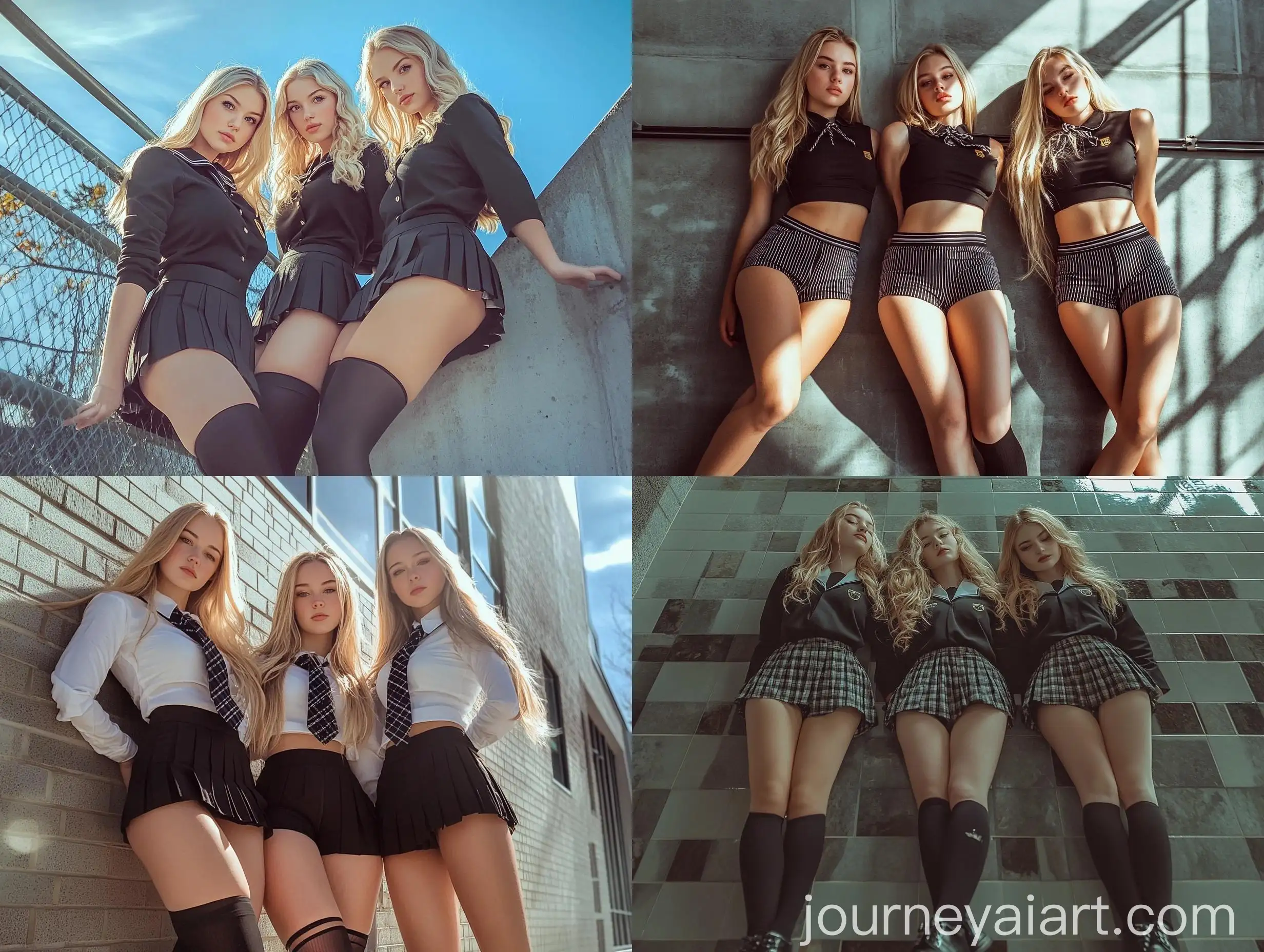 Three-Blonde-Women-in-School-Uniforms-Posing-at-Photography-Studio