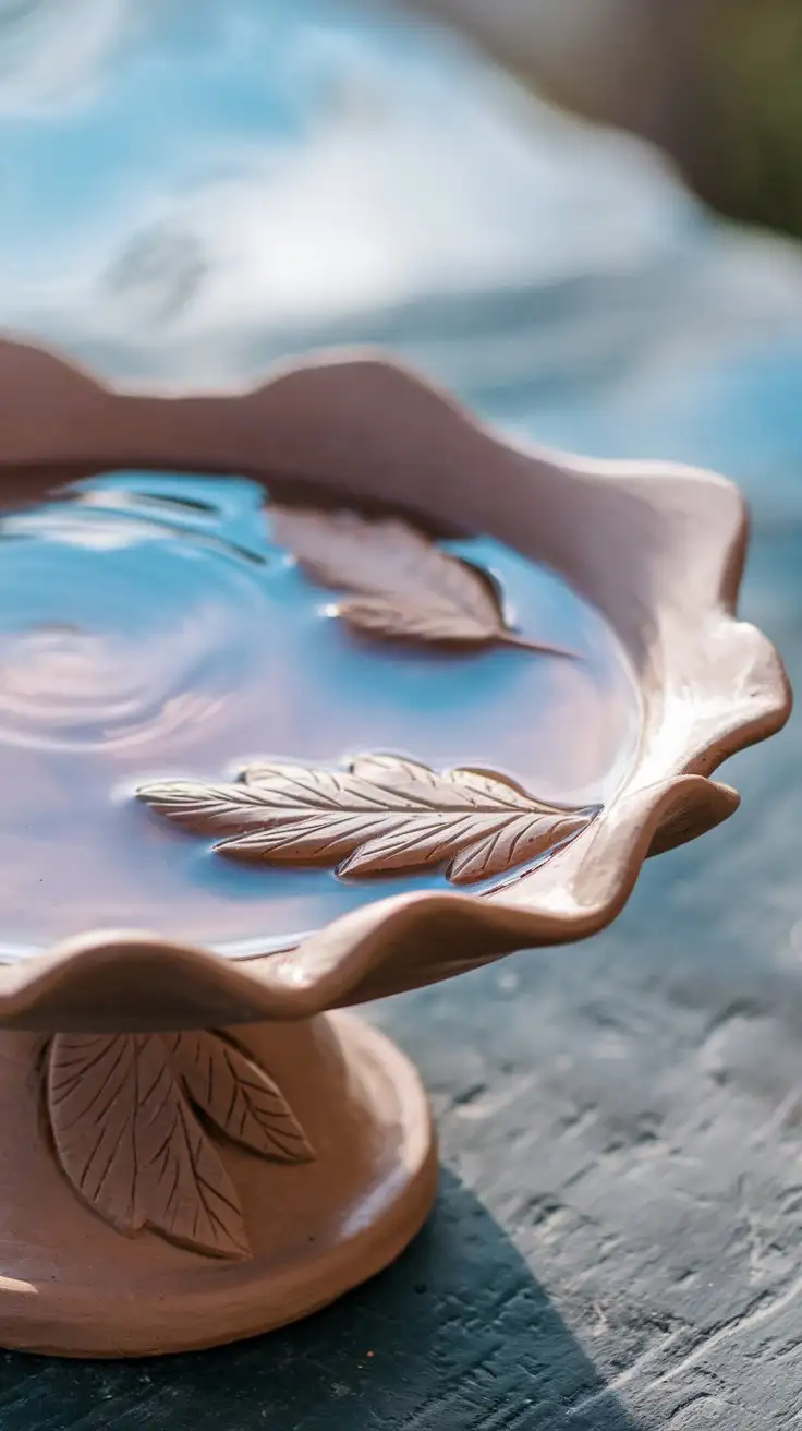 Handcrafted-Clay-Bird-Bath-with-Leaf-Imprints-and-Water-Ripples