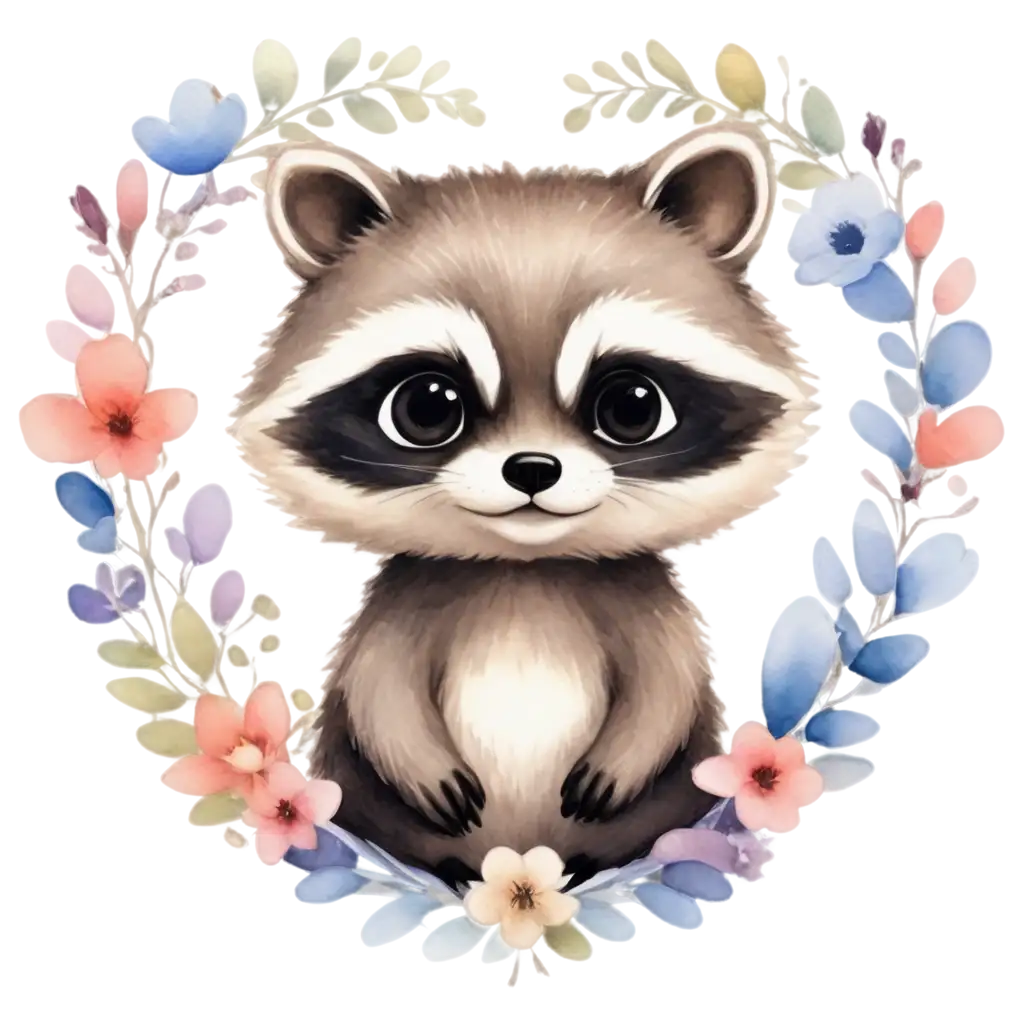 A whimsical, cute watercolor-style baby raccoon with a round, chubby body and an adorable, playful expression. The baby raccoon has soft, fluffy fur with subtle shades of gray and white, big curious eyes, and tiny paws. Surrounding the raccoon are pastel-colored flowers, including roses, daisies, and wildflowers in soft pinks, purples, and blues, arranged to form a heart-shaped background. The overall style is playful and cartoonish, with light watercolor brushstrokes giving a soft and dreamy effect. The background is transparent for use as a PNG file, keeping the focus on the baby raccoon and the heart-shaped floral arrangement