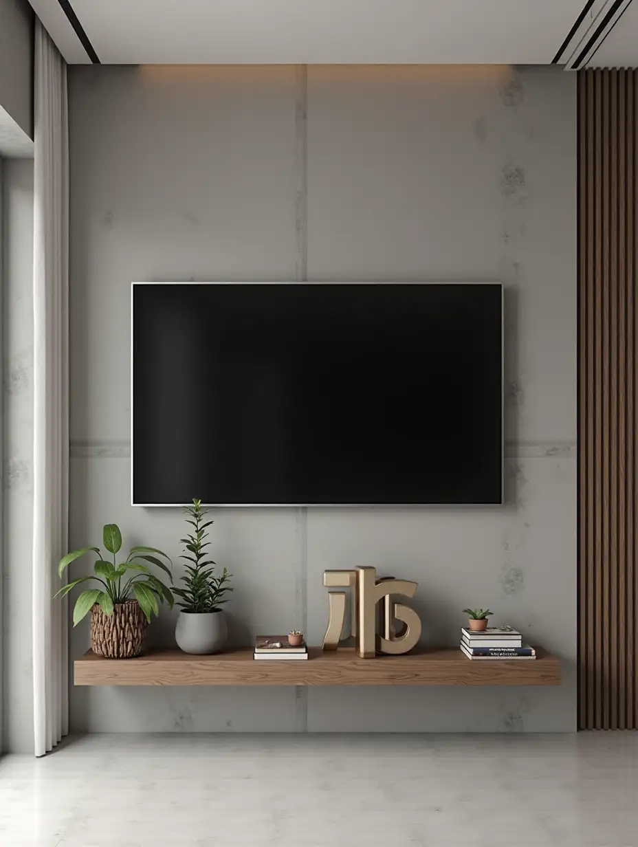 Modern-Minimalist-Living-Room-with-Concrete-Wall-and-Floating-Wooden-Shelf