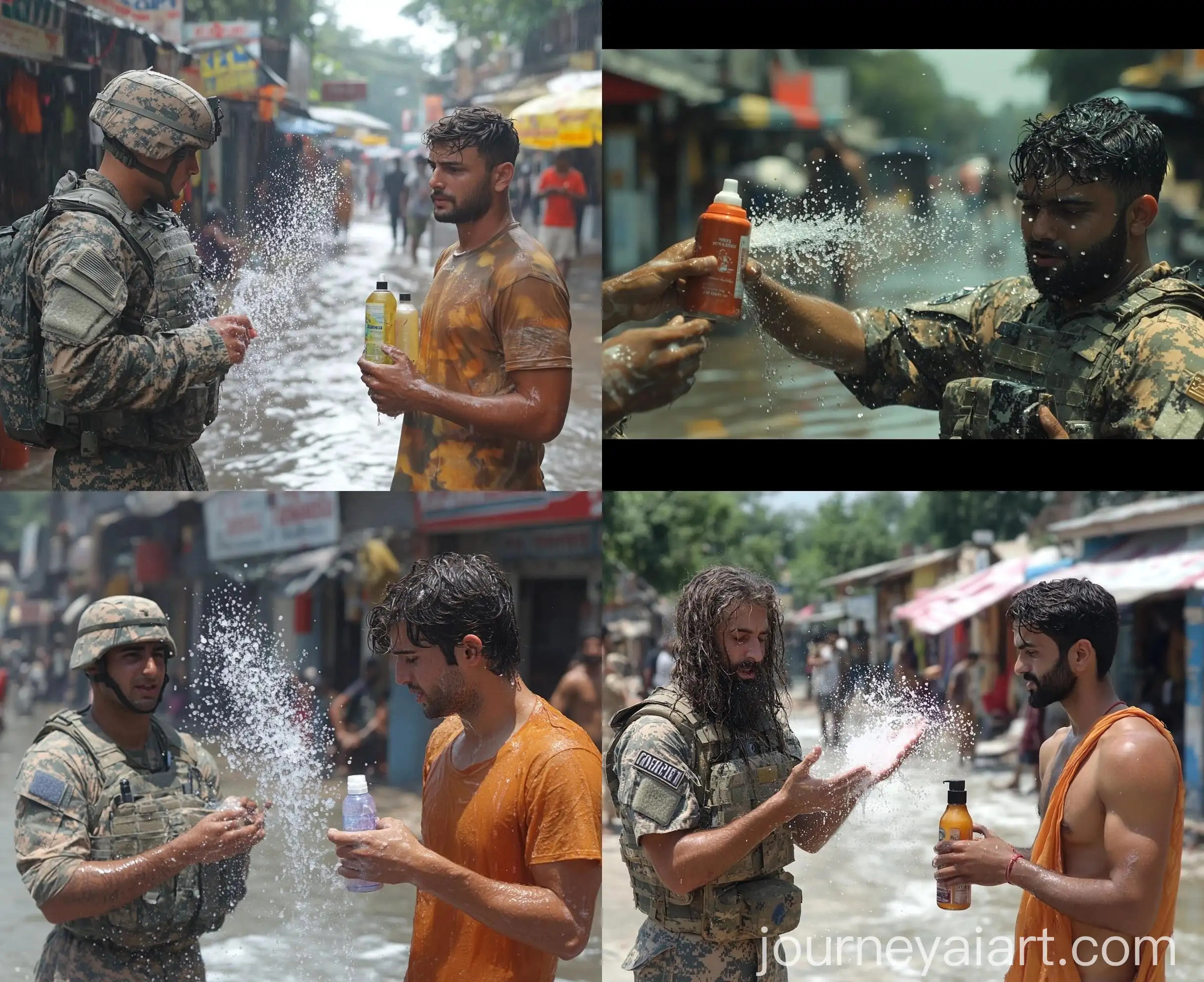 Soldier-Splashing-Soap-and-Perfume-on-Indian-Man-with-Shampoo-Bottle