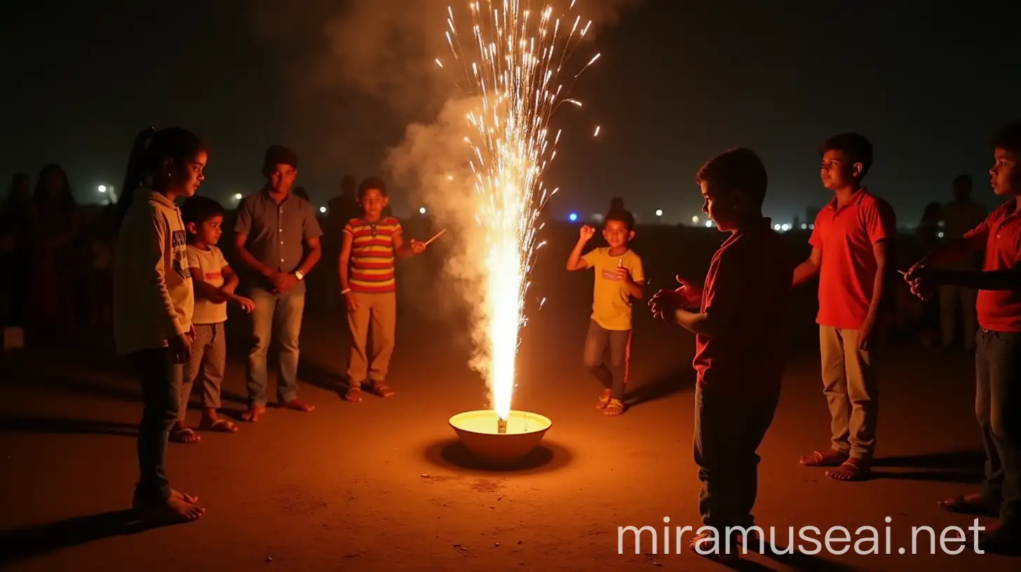 Celebrating Diwali Indian Children and Adults Enjoying Firecrackers