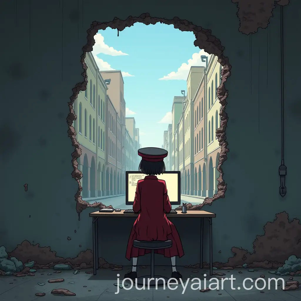 Anime-Girl-in-Red-Dress-Sitting-at-Computer-in-Ruined-Building